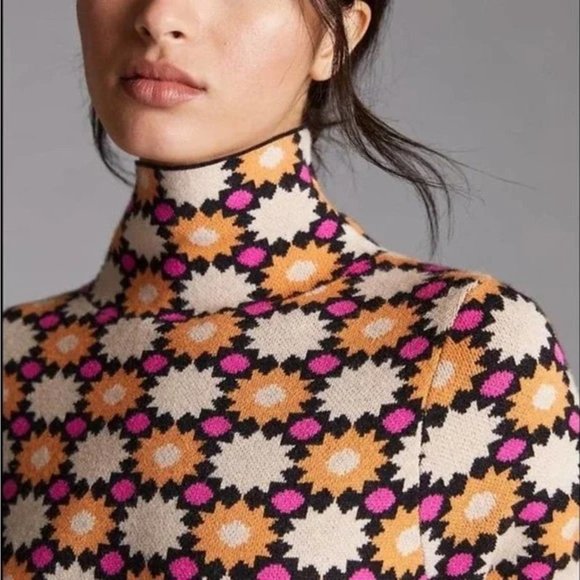 NWOT Maeve Anthropologie Retro Floral Print Turtleneck Sweater Dress Size XL - Picture 2 of 2